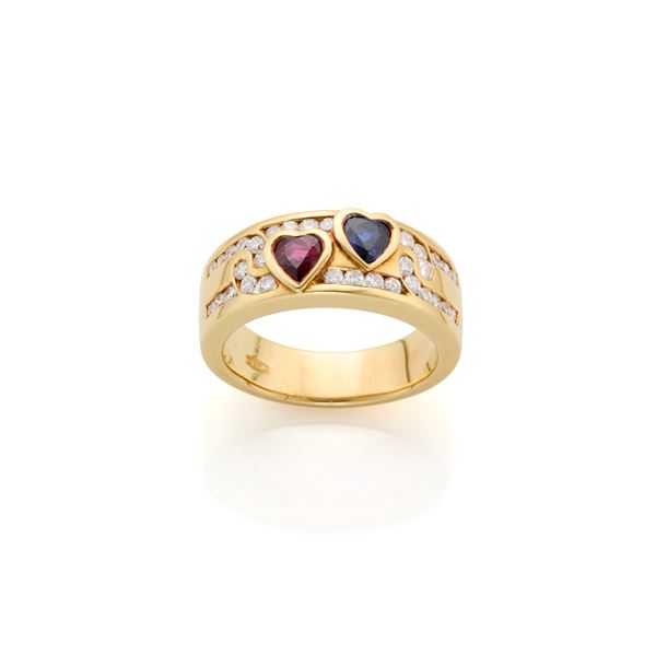 Gold ring with diamonds, sapphire and ruby 