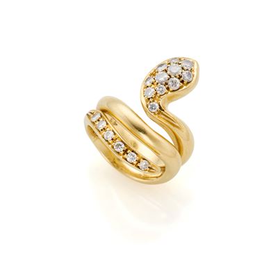 Anello in oro giallo 18 Kt a forma di serpente con diamanti taglio brillante