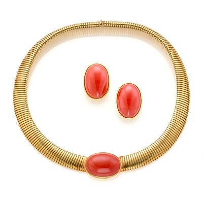 Demi Parure in Oro Giallo 18 Kt con Orecchini e Collier Tubogas Rifiniti in Coralli Arancioni