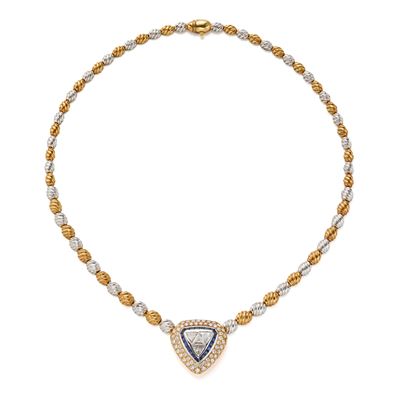 Collier in oro giallo e bianco 18 Kt con pavé di diamanti e zaffiri calibrati