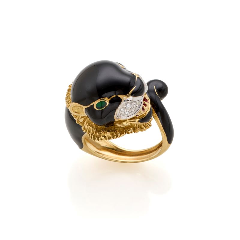 Frascarolo, Anello in oro giallo e bianco 18 Kt con diamanti e smalti, collezione 'Bestiario'