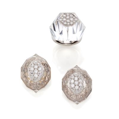 David Webb, Demi parure in oro bianco 18 Kt e platino con cristallo di rocca e diamanti