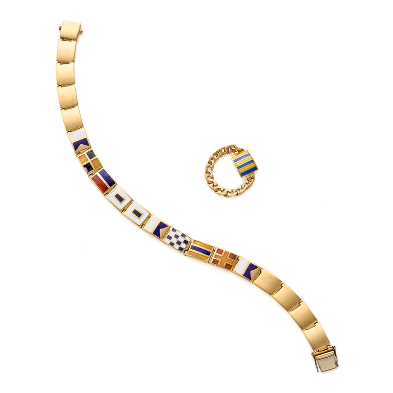 Bracciale e anello in oro e smalti