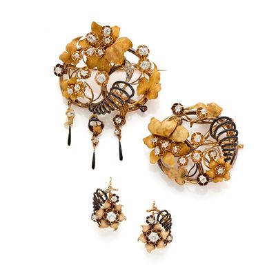 Demi parure in oro giallo 18 Kt e 14 Kt con diamanti e smalti