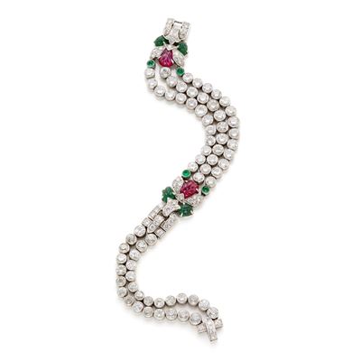 Bracciale in platino con diamanti, rubini e smeraldi, Anni '30
