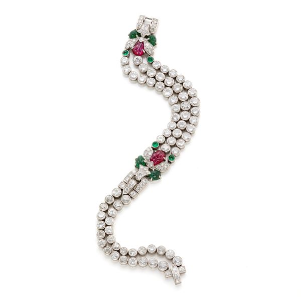 Platinum bracelet with diamonds, rubies and emeralds