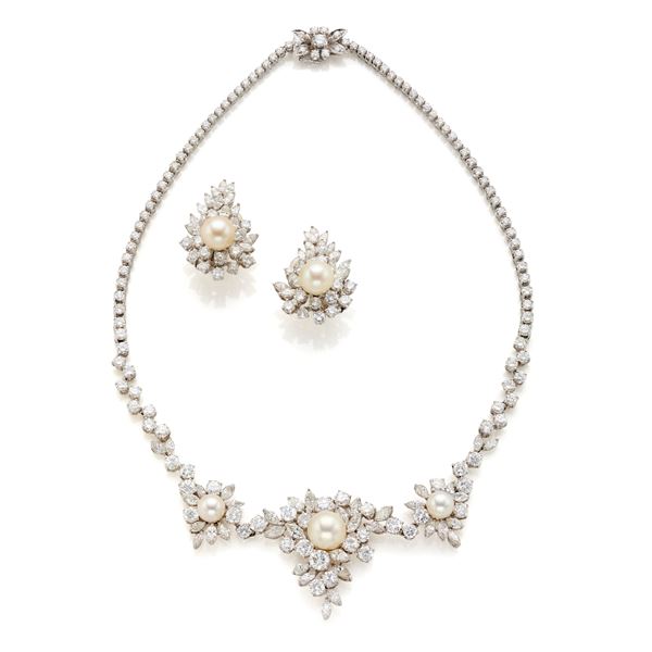 Demi parure in gold with diamonds and pearls