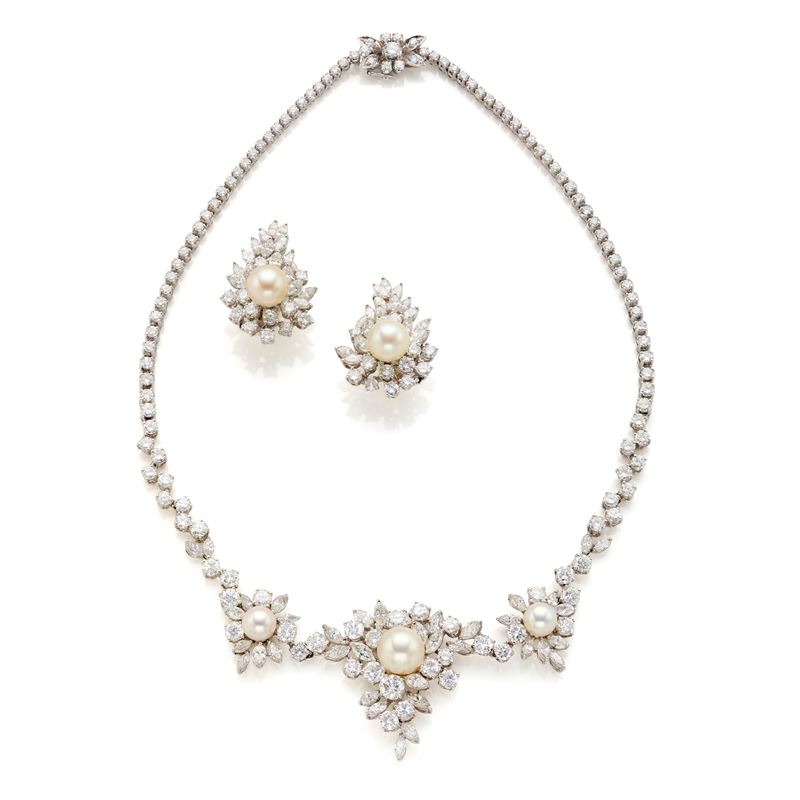 Demi parure in oro bianco 18 Kt con diamanti e perle coltivate