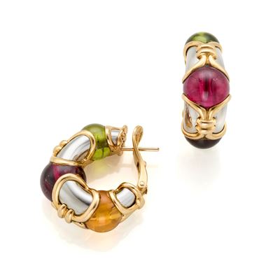 Bulgari, Orecchini in oro giallo 18 Kt e acciaio con boules di quarzi e tormaline
