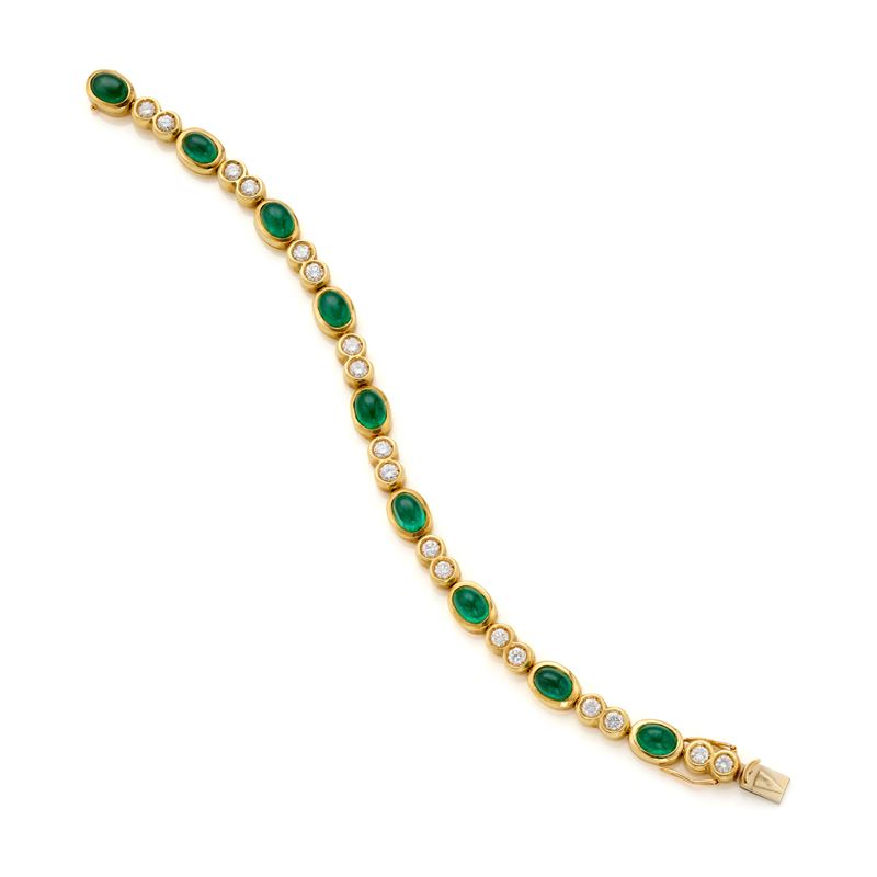 Bracciale Missiaglia, oro giallo 18 Kt con smeraldi cabochon e diamanti
