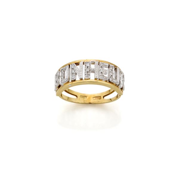 Gold ring with the word "Bonheur" set with diamonds