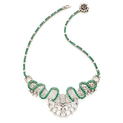 Collana in oro bianco 18 Kt con diamanti e smeraldi