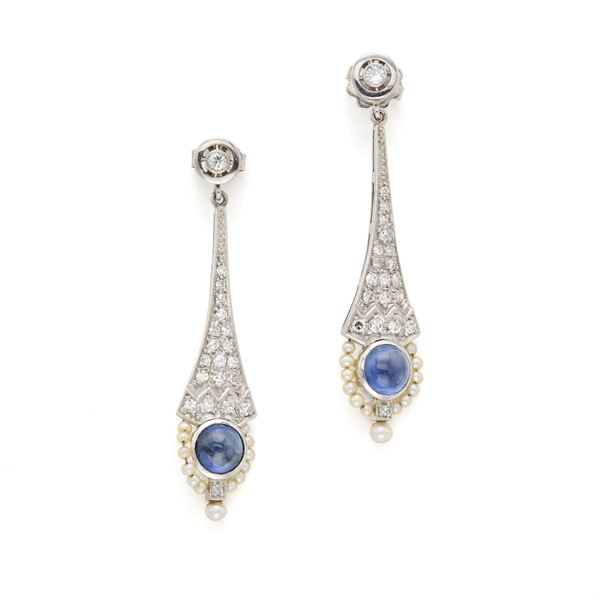 Gold earrings with diamonds, sapphires and micro pearls