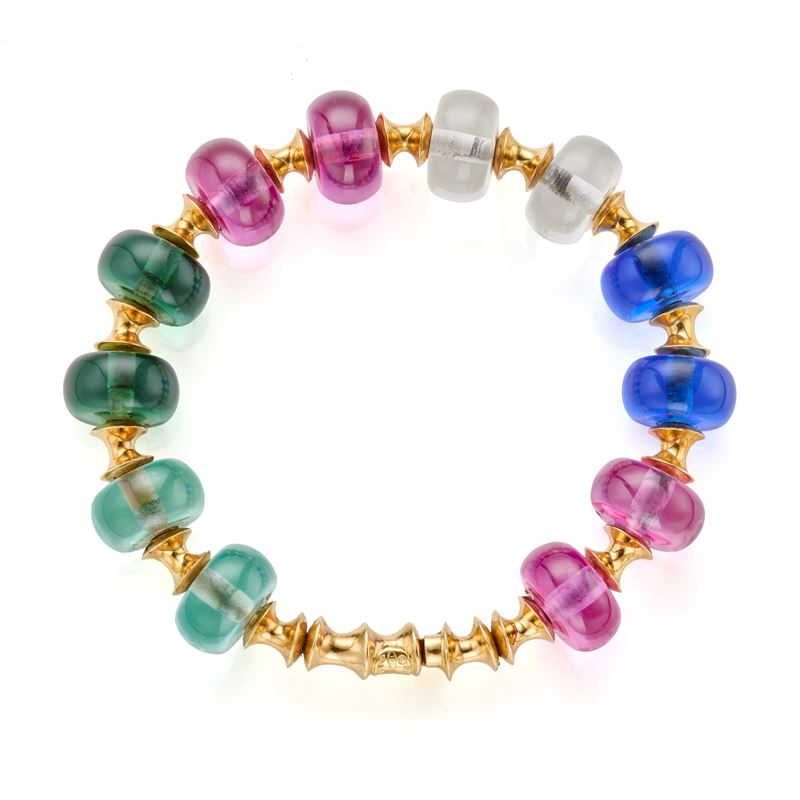 Marina B, Bracciale semirigido in oro giallo 18 Kt con boules di quarzi sintetici multicolori