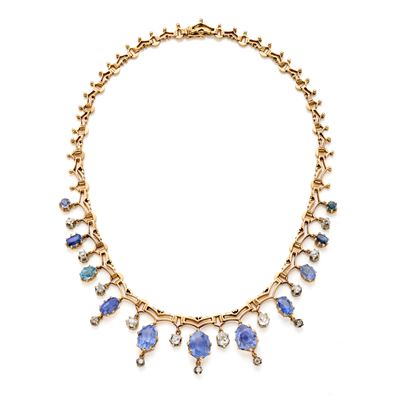 Collana in oro giallo 18 Kt con zaffiri ovali e diamanti taglio vecchio