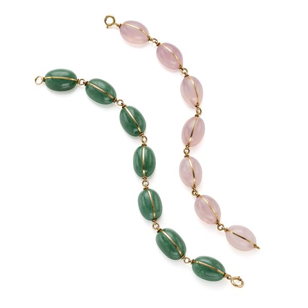 Two gold bracelets with quartz and aventurine