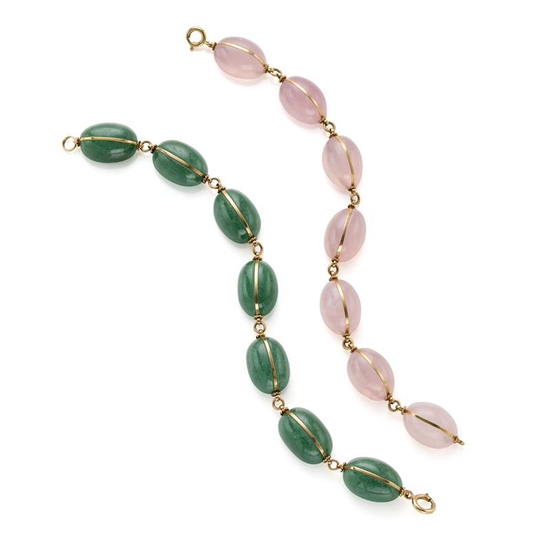 Due bracciali in oro con quarzi e avventurine