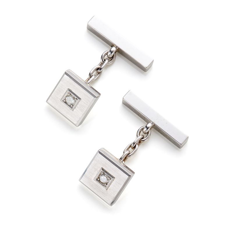 Gemelli, oro bianco 18 Kt satinato e lucido con diamanti rotondi (circa 0,20 ct)