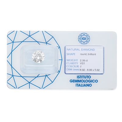 Diamante, 2,39 ct round brilliant cut, certificato IGI n. 40055 (2016), in blister