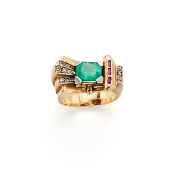 Gold ring with emerald, diamonds and rubies