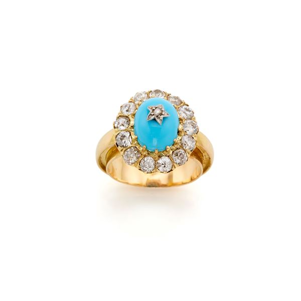 Gold ring with  turquoise and diamonds