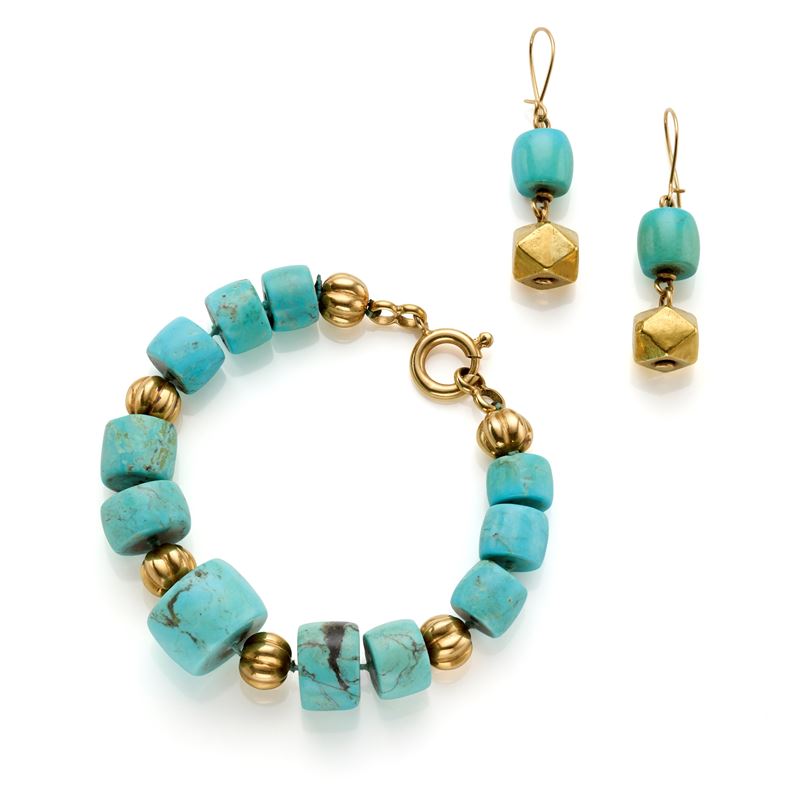 Lotto composto da bracciale e orecchini in turchese e oro