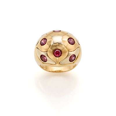 Bulgari, Anello in oro bianco e giallo 18 kt con tormaline rotonde
