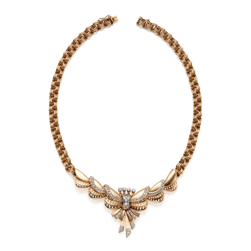 Collier modulare in oro giallo e bianco 18 Kt con centrale a nastro in diamanti