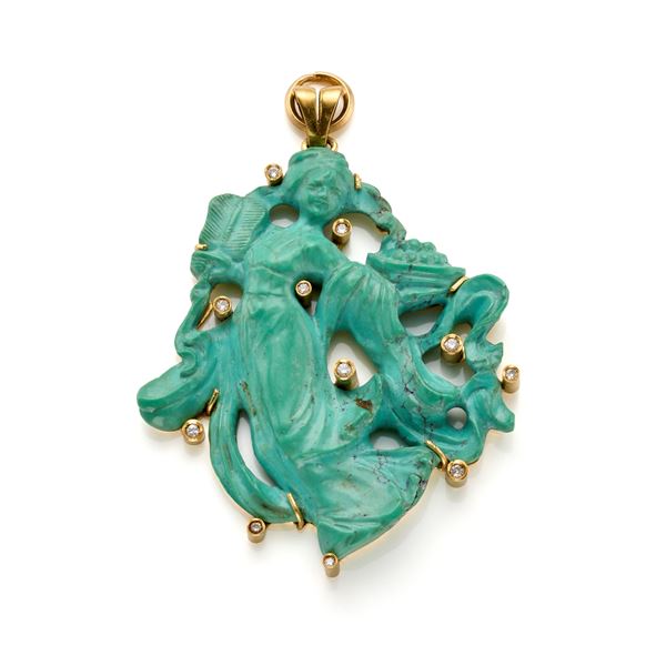 Pendente in oro, turchese e diamanti