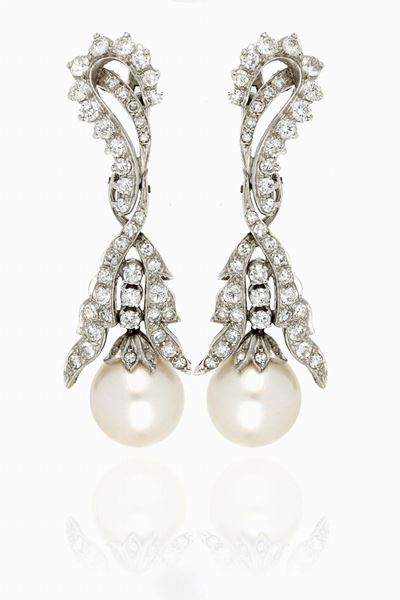Orecchini in Oro Bianco, Diamanti e Perle