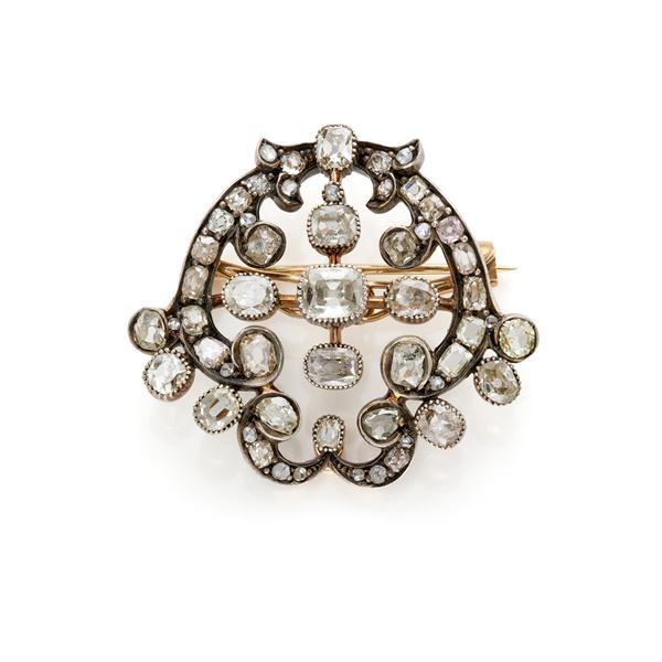 Spilla/pendente in oro e argento con diamanti