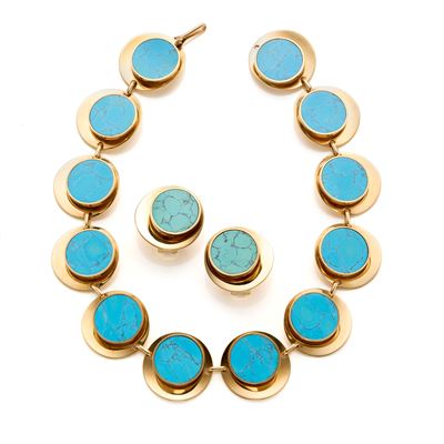 Faraone (marcatura Giò Caroli), Demi-parure in oro 18 Kt e turchesi con collier e orecchini