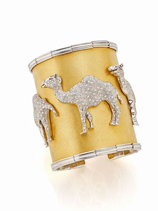 BRACCIALE RIGIDO ORO GIALLO E BIANCO CON DIAMANTI E RUBINI