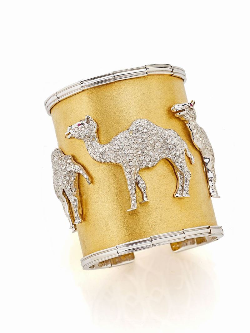 Bracciale Rigido Oro Giallo e Bianco con Diamanti e Rubini