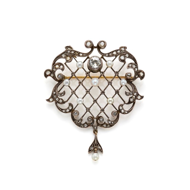 Spilla in argento e oro con diamanti e perle