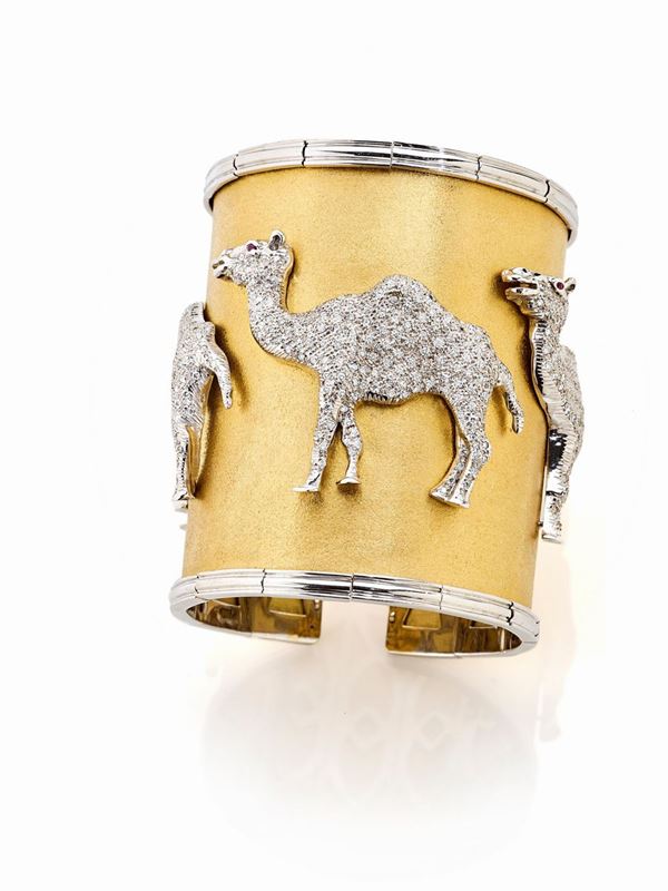 BRACCIALE RIGIDO ORO GIALLO E BIANCO CON DIAMANTI E RUBINI