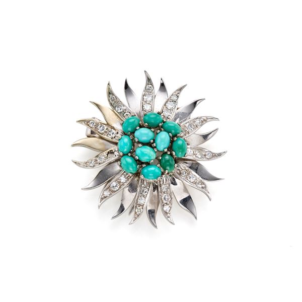 Gold brooch/pendant with turquoises and diamonds 