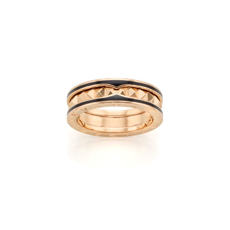 Bulgari, Anello Bzero1 Rock in oro rosa 18 kt con inserti in ceramica nera