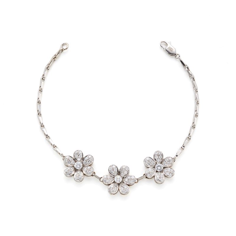 Bracciale in platino e oro bianco 18 kt con diamanti, motivo floreale