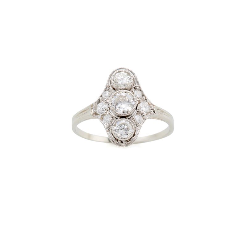 Anello, oro bianco 18 kt con diamanti rotondi (tot. ca. 0,70 ct)