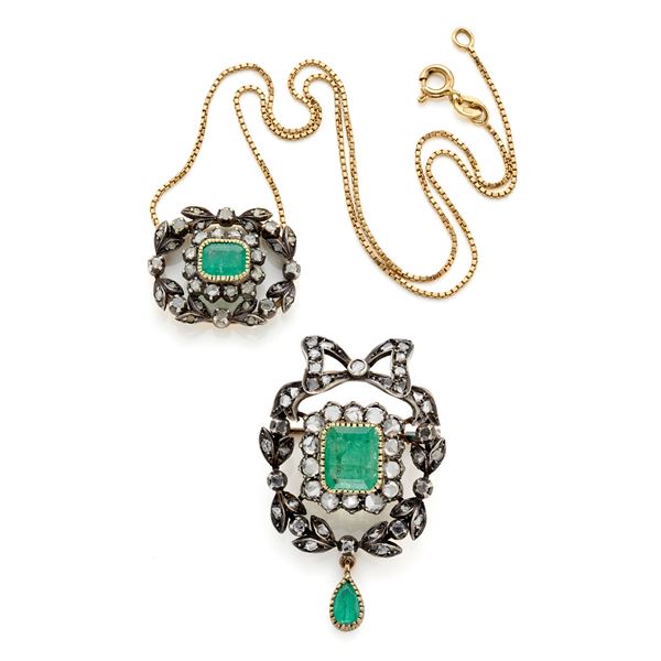 Collana e spilla in oro e argento con diamanti e  smeraldi