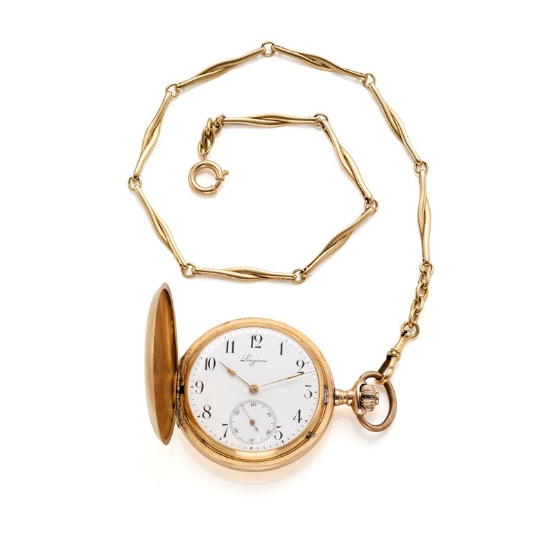 Longines, Orologio da tasca savonette in oro giallo 18 kt con catena