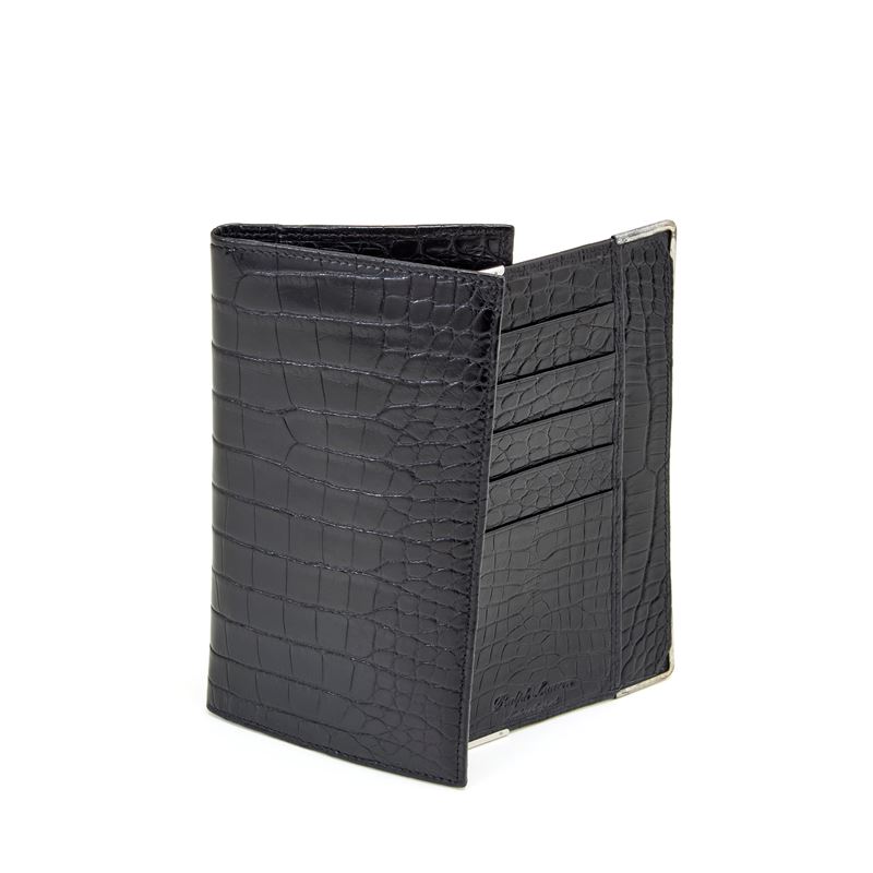 Ralph Lauren, Portafoglio in coccodrillo nero con portacarte amovibile