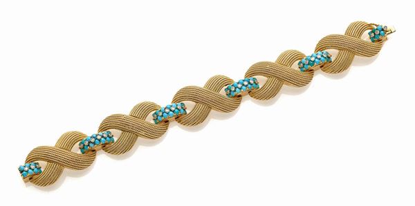 Bracciale oro giallo, diamanti e turchesi
