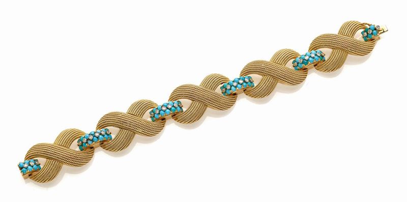 Bracciale Oro Giallo, Diamanti e Turchesi