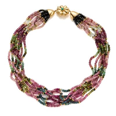 Collana a torchon in tormaline multicolore con fermaglio a distanziatori in oro giallo 18 kt