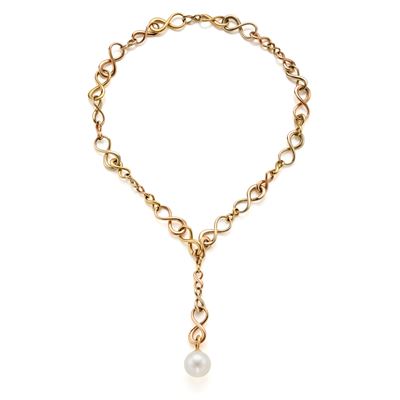 Collana in oro giallo 18 kt a catena modulare con perla bianca coltivata