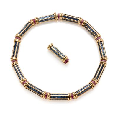 Verney, Collier modulare in oro giallo 18 kt con zaffiri e rubini