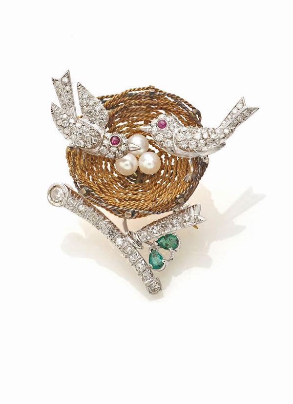 Spilla nido oro e gemme  - Auction Gioielli e Orologi del XX Secolo - Faraone Casa d'Aste