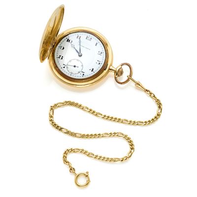 National Watch, Orologio da tasca savonette in oro giallo 18 Kt con catena